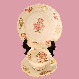 Bareuther Bavaria Pink Rose Design Set Cup Saucer Plate Back-stamp 1931-1950
